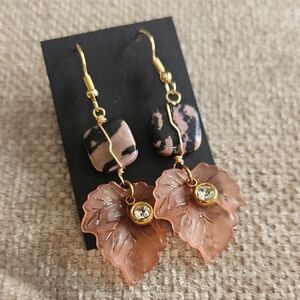 Handcrafted Pink and Black Leaf Drop Earrings with Crystal Accent